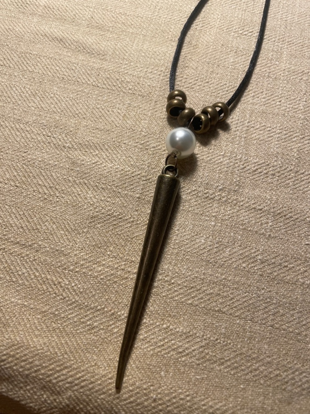 Delicate Black Cord Necklace with Pearl and Antique Gold Spike 15.5” - Picture 3 of 5